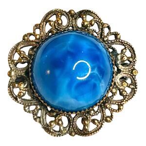 Vintage Blue Swirl Czech Glass Cabochon Gold Tone Brass Filigree Frame Brooch